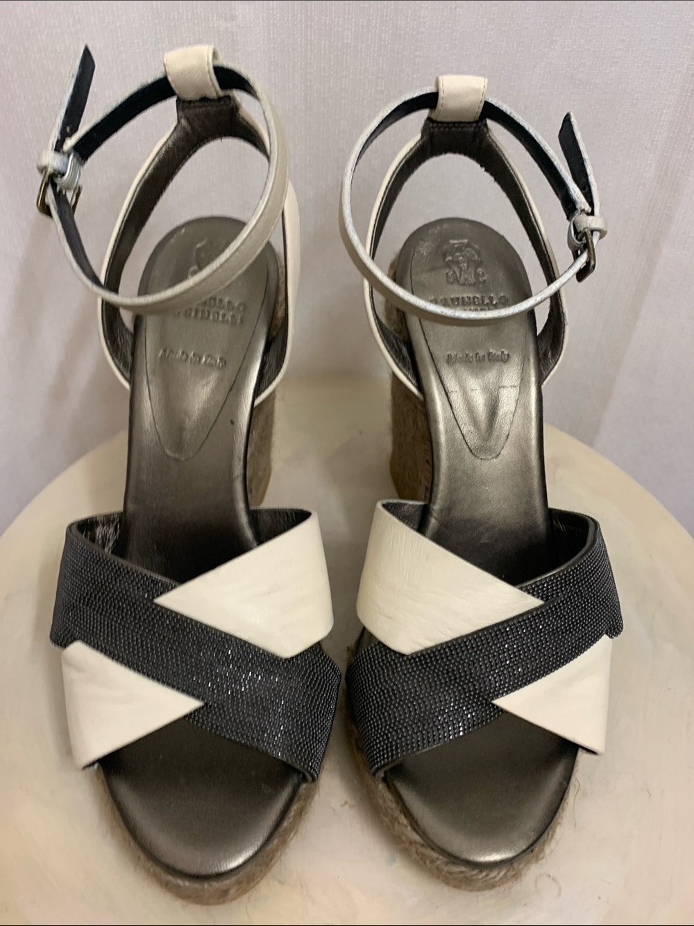 Brunello Cucinelli Espadrille Wedge Platform Crisscross Leather Monilli Beads